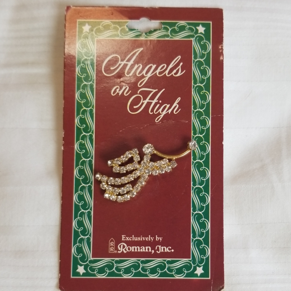 Vintage Roman Gold Rhinestone Angel Brooch